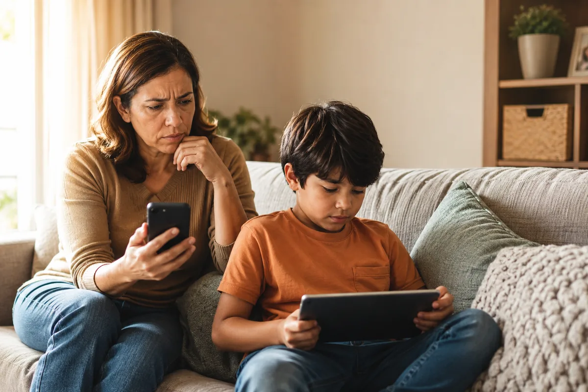 Mãe preocupada ao lado do filho usando tablet — para quem é o passo a passo