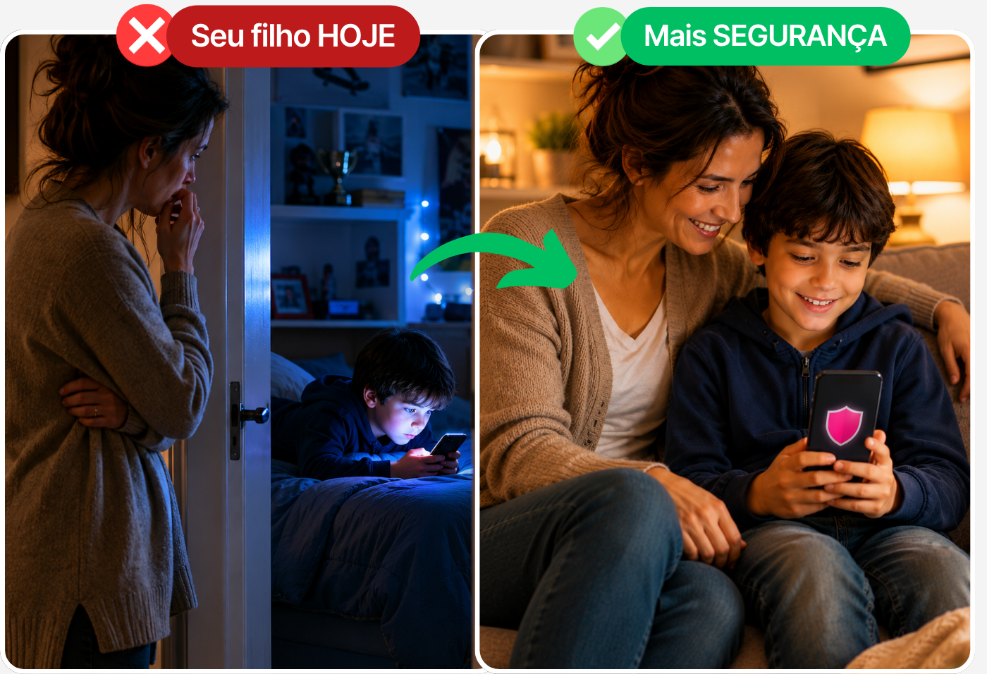 Antes e depois: mãe preocupada com filho no tablet, e depois tranquila com o controle parental configurado